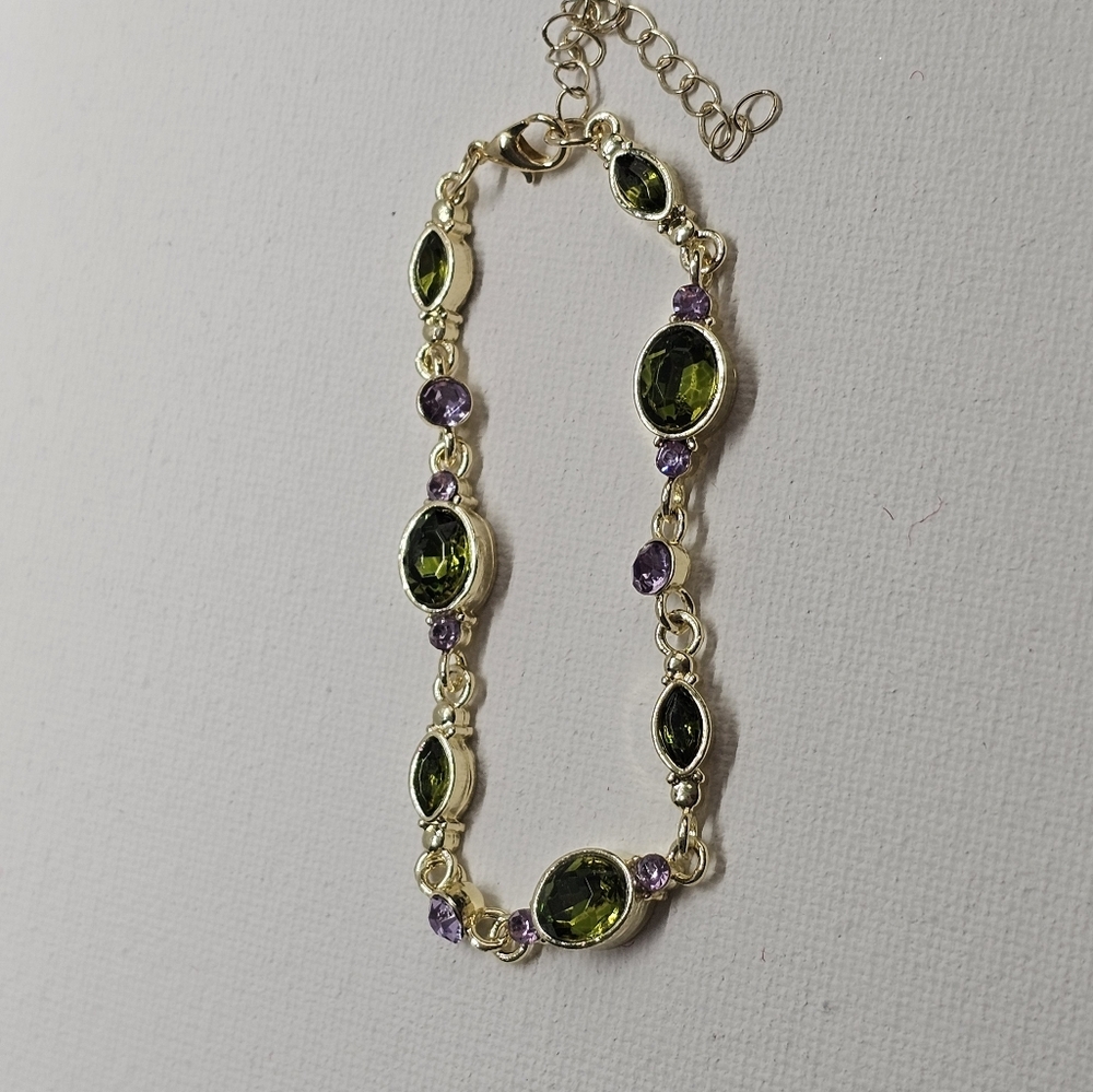 Vintage Style Green & Purple CZ Gold Tone Fashion Bracelet